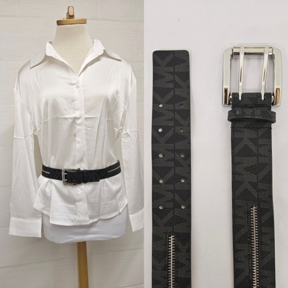 MICHAEL Michael Kors Black Monogram Zippered Belt Silver Tone Buckle Size Large